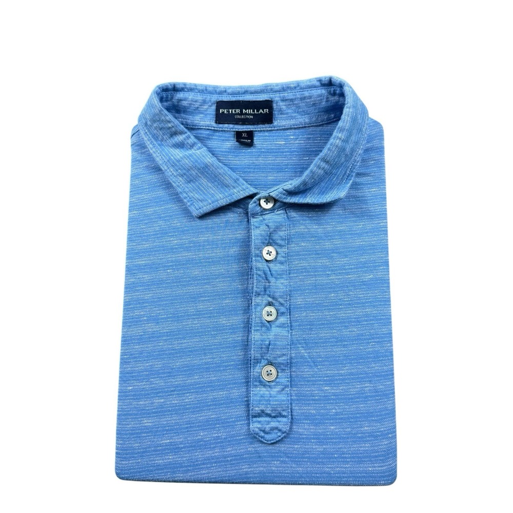 Peter Millar Collection Blue White Striped Cotton Linen Men’s Polo Shirt Size XL